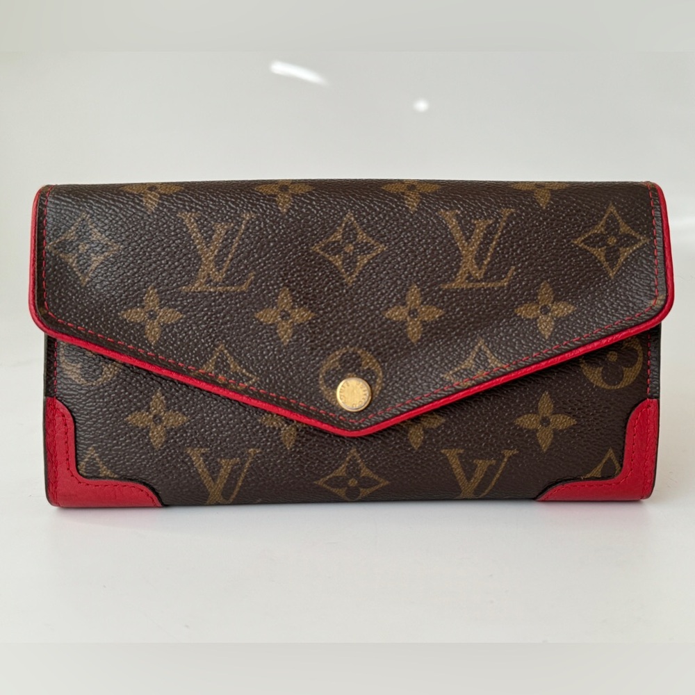 LOUIS VUITTON Monogram Canvas Sarah Wallet Retro Red Leather Trim